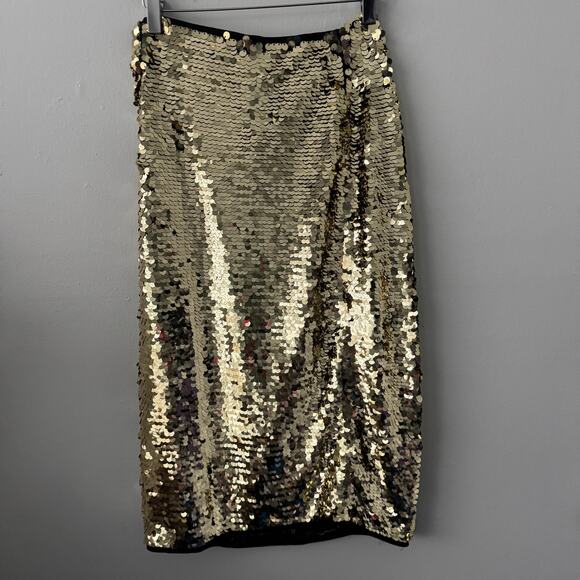 Halogen Embellished Paillette Sequined Knee Length Skirt in Gold - Picture 1 of 9
